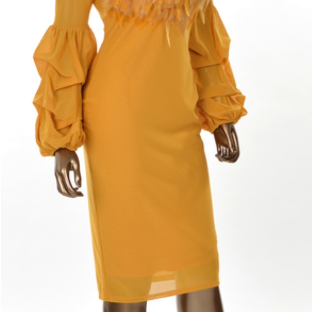 Mustard Long Sleeve Feathered Dress - Picture 4 of 6